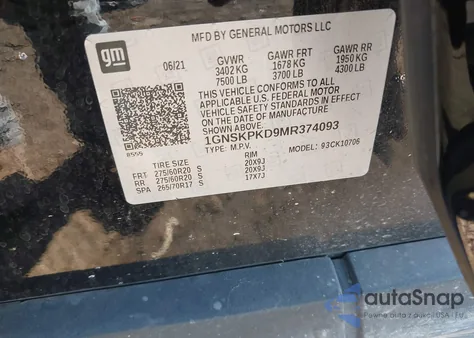 2021 Chevrolet Tahoe 4Wd Z71 z USA, uszkodzony, nr VIN 1GNSKPKD9MR374093